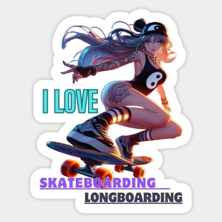 Kawaii, Anime Girl, I Love, Skateboarding & Longboarding Sticker